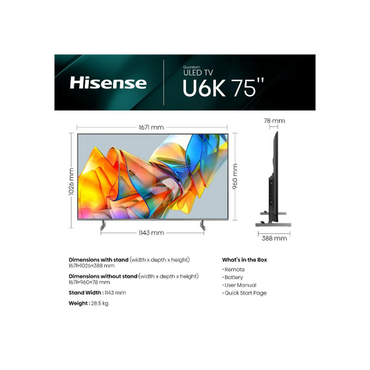 Hisense 75" U6K 4K Smart ULED TV with Quantum Dot & HDR